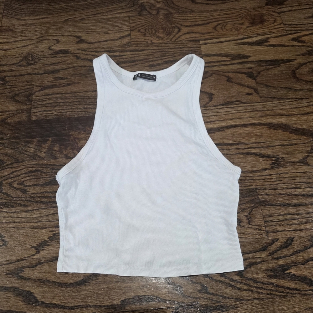 Zara Cropped Racer Back Ribbed Stretchy White Tank Top Size Large - Picture 4 of 6